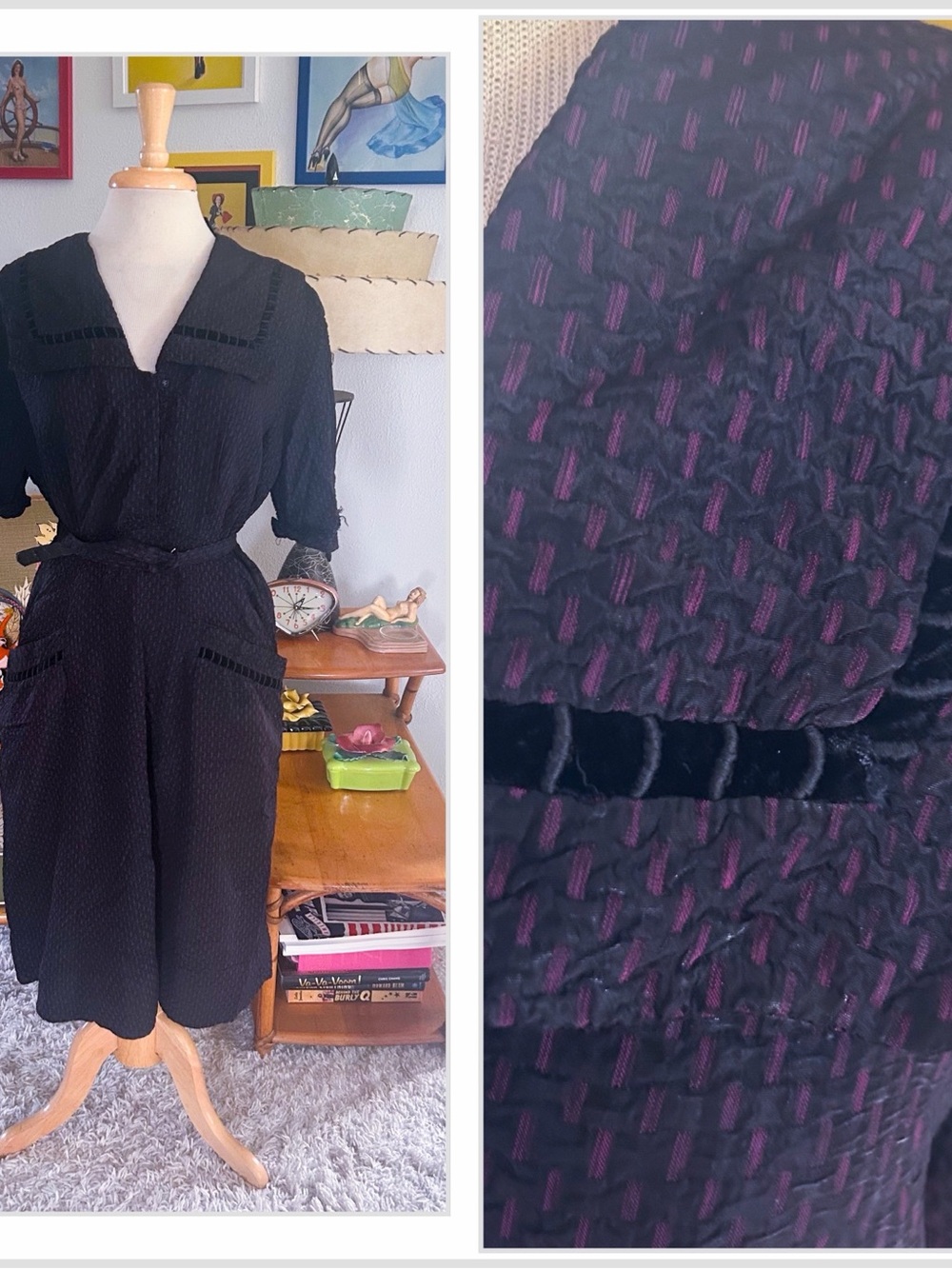 Vintage 1940s Dress | black pink  | textured | M L | 40s | 50s | volup